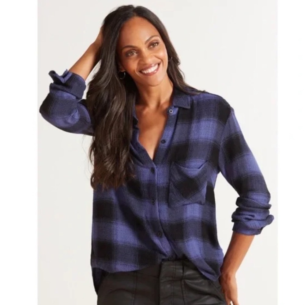 Anthropologie‎ Cloth & Stone Women Blue Plaid Long Sleeve Button Up Shirt Small